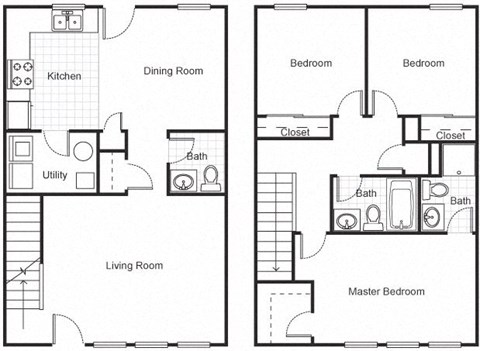 Floor plan for 3 beds, 2.5 baths, 1265 sqft